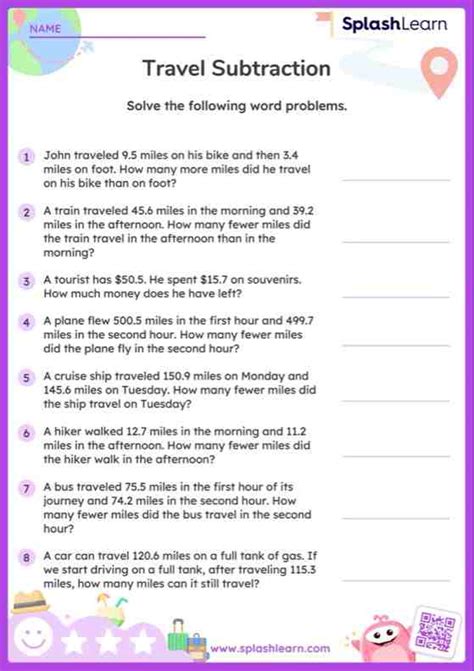 Subtract Decimal Numbers With 1 Decimal Place Travel Word Problems Worksheet