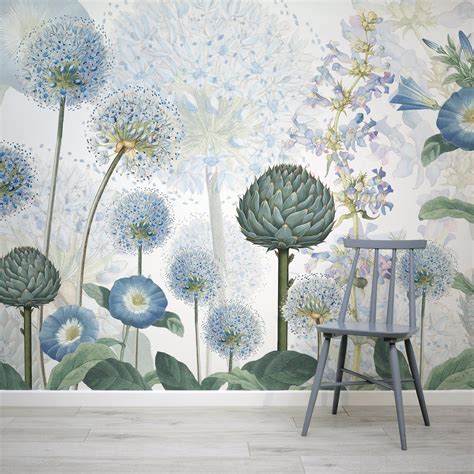 Blue Green And White Watercolor Floral Wallpaper Mural Wallpapermural