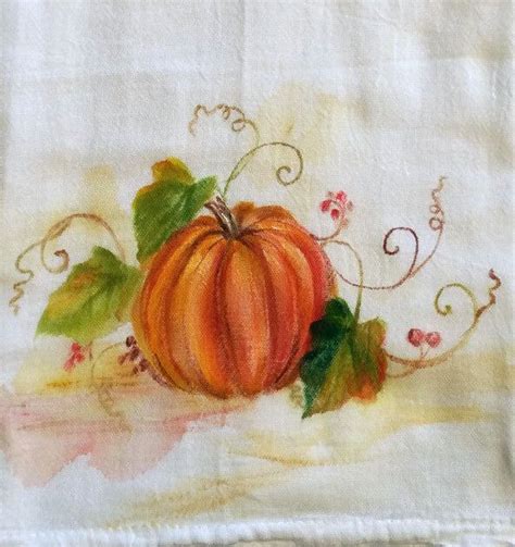 Hand Painted Flour Sack Towel Autumn Leaves Pumpkin By Tinypaintings