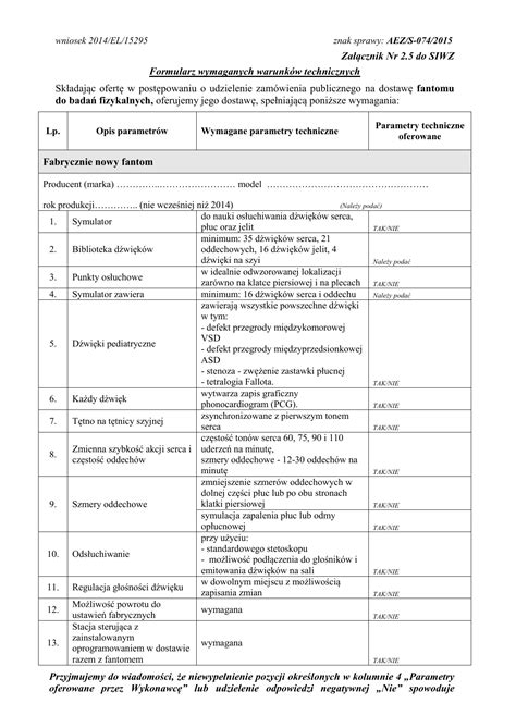 Formularz Wymaganych Warunk W Technicznych