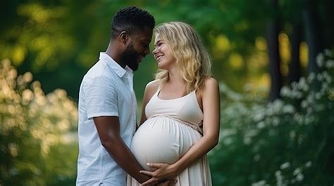 Premium AI Image A Smiling Year Old Pregnant Blonde Full Length Enjoys The Park With Her