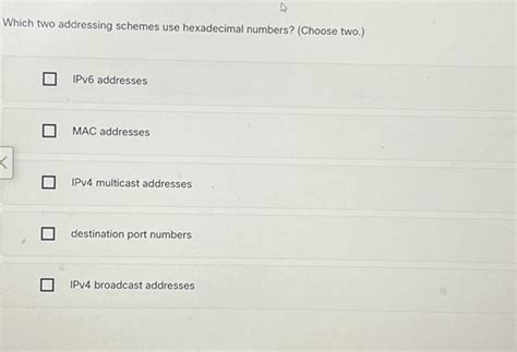 Solved Which Two Addressing Schemes Use Hexadecimal Numbers Chegg