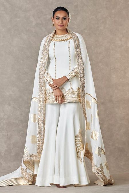 Buy Ivory Kurta And Sharara Heavy Crepe Embroidery Haath Phool Round