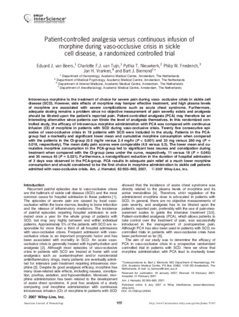 Pdf Patient Controlled Analgesia Versus Continuous Infusion Of Morphine During Vaso Occlusive