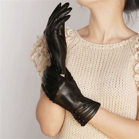 Womens Nappa Leather Plush Lined Winter Gloves Leather Covered Buttons