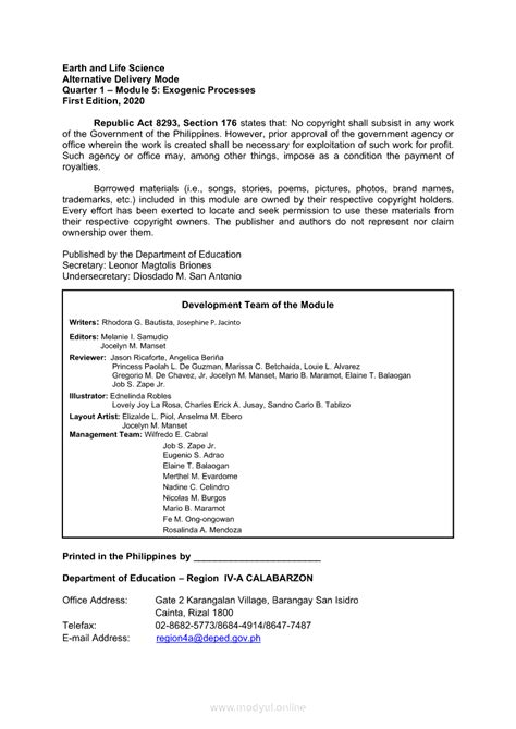 Earth And Life Science Module Exogenic Processes Shs Modules