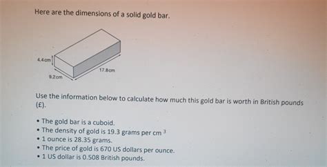 Solved Here are the dimensions of a solid gold bar.Use the | Chegg.com