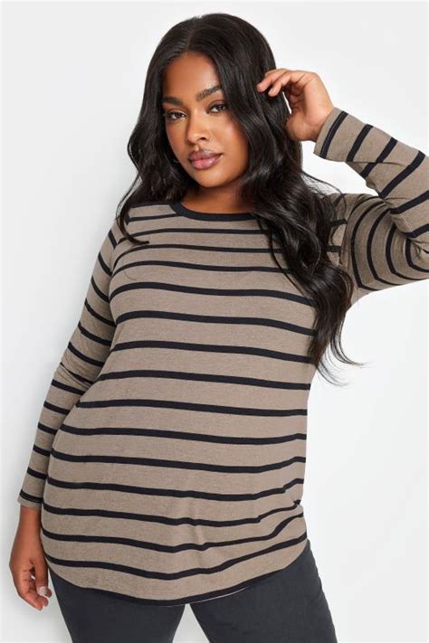 Yours Plus Size 2 Pack Black And Brown Stripe Print Cotton Tops Yours