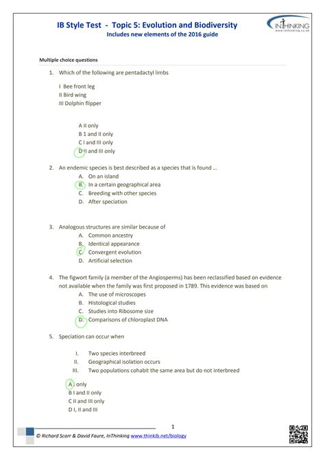 SOLUTION IB Biology Chapter 5 Evolution And Biodiversity Practice