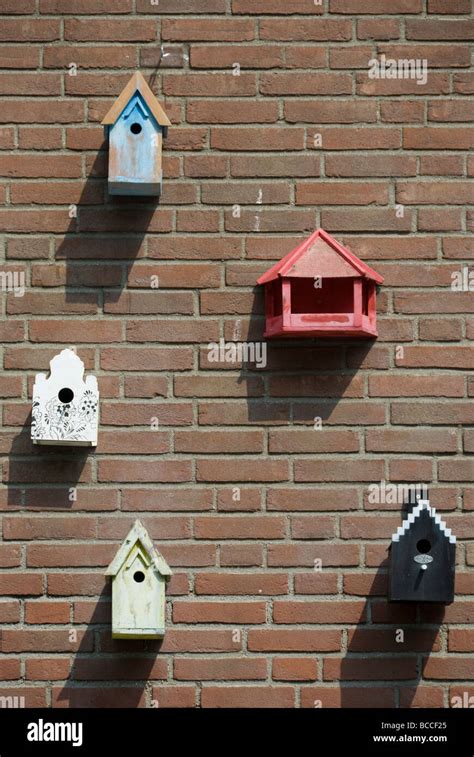 Bird Houses On A Brick Wall Stock Photo Alamy