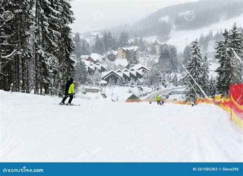 The Skiers And Snowborders Are On Slope In Bukovel Ski Resort Editorial