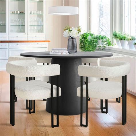 Black Round Pedestal Dining Table Set,Beige Boucle Dining Chairs Set Of ...