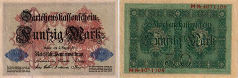 Deutsches Reich 1914 Banknote 50 Mark Kn Nr Rot 7 Stellig Serie