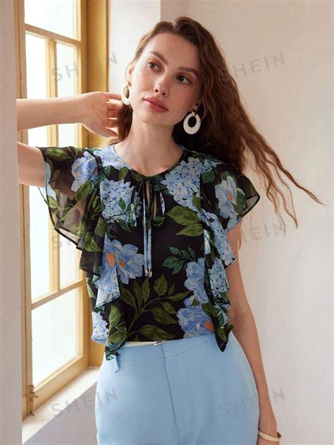 Motf Premium Floral Print Tie Neck Flutter Sleeve Blouse Shein Uk