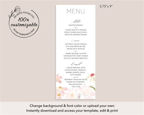 Flower Menu Card Template 100 Editableboho Wedding Menu Etsy