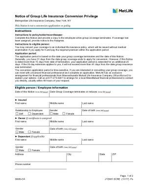 Fillable Online Metlife Life Insurance Conversion Form Keyword Found