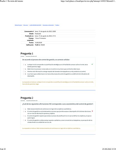 Prueba 1 Revisi n del intento Control DE LA Gestion YO Página