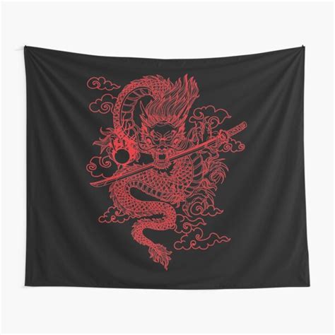 Red Chinese Dragon With Black Background Tapestry For Sale By