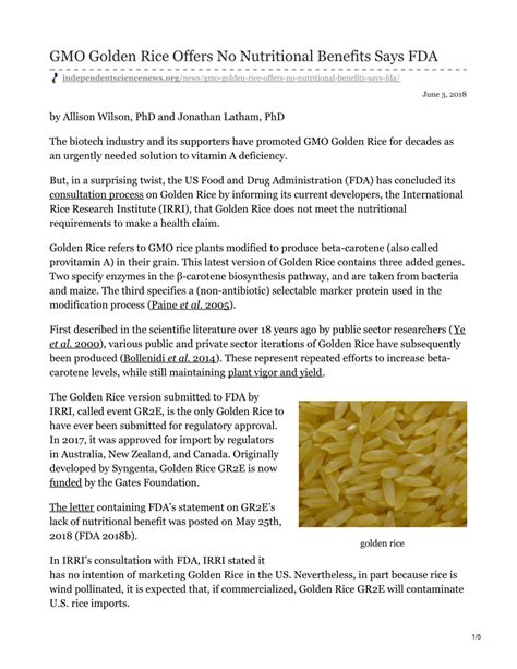 (PDF) GMO Golden Rice Offers No Nutritional Benefits Says FDA