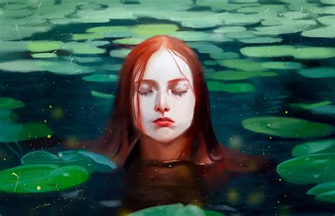 Closed Eyes Wet Hair Redhead Emma Ronkainen Artstation Lake