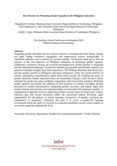 Pdf Best Practices In Promoting Gender Equality In The Philippine Education