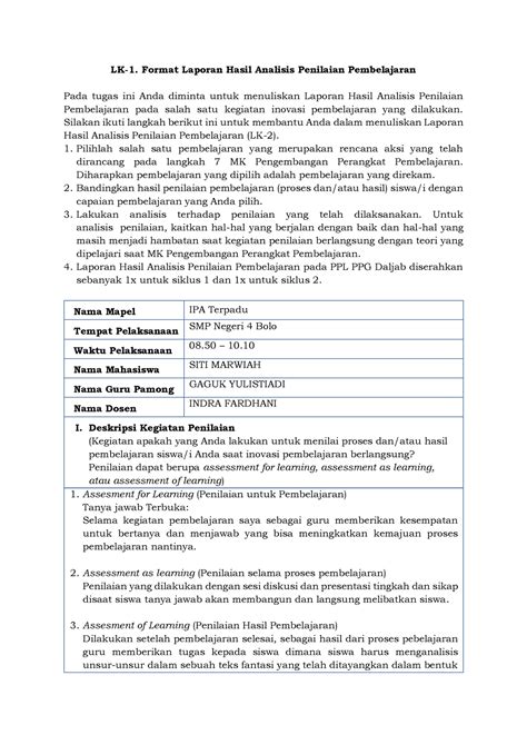 Format Hasil Asesmen Pembelajaran 1 1 Lk 1 Format Laporan Hasil Analisis Penilaian