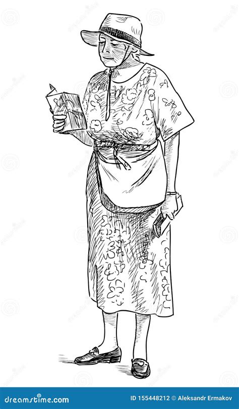 Sketch Of An Elderly Woman In A Hat Going For A Stroll Stock Vector