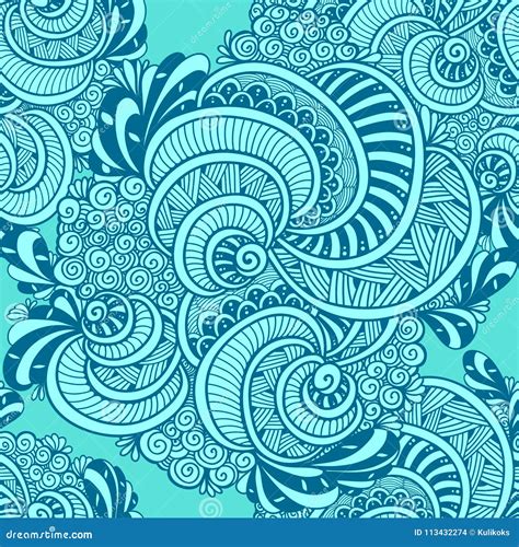 Abstract Zen Tangle Zen Doodle Marine Seamless Pattern Blue Stock