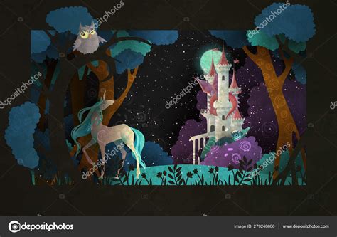 Book Cover Fairy Tale Illustration Unicorn In Front Of Castle Dragon Night Sky And Moon Stock