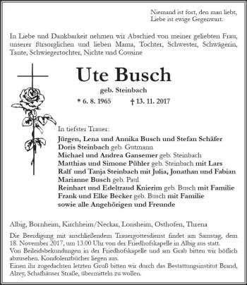 Traueranzeigen Von Ute Busch Vrm Trauer De