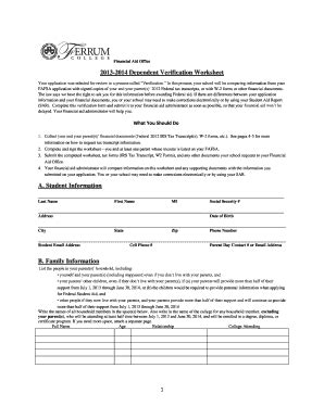 Fillable Online Ferrum Financial Aid Office 2013 2014 Dependent