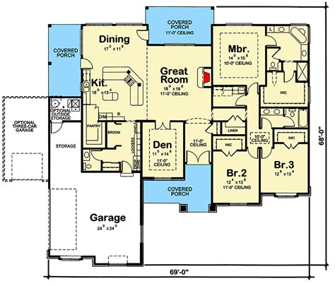 One Story 3 Bed Ranch Home Plan With Two Island Kitchen 40893DB