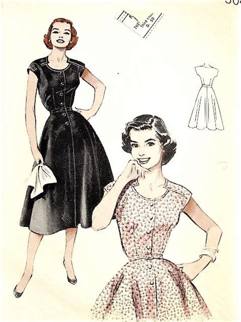 1950s Pretty Front Button Dress Pattern Butterick 6945 Rockabilly Style Scoop Neckline Flared