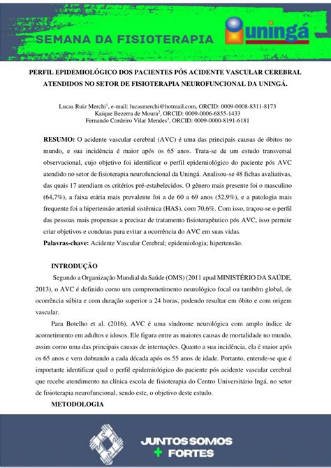 Pdf Perfil Epidemiol Gico Dos Pacientes P S Acidente Vascular