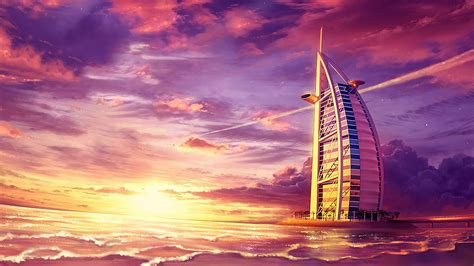 Burj Al Arab at Sunset Paint 4K Wallpapers | HD Wallpapers