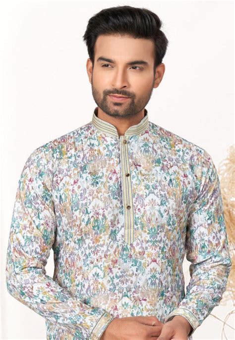 Buy Digital Printed Cotton Kurta Set In Off White Online MKM1153