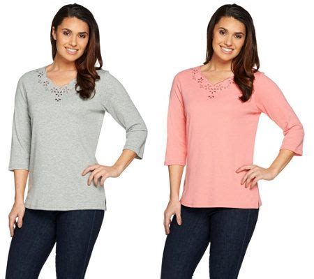 Quacker Factory Set Of Eyelet Scalloped Sleeve T Shirts Qvc