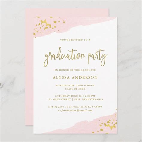 Blush Pink And Gold Watercolor Graduation Party Invitation Gender Unisex Age Group Adult