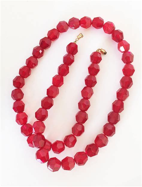 Red Crystal Bead Necklace Large Wire Strung Faceted Glass Beads Barrel