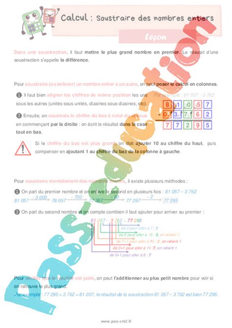 Soustraire des nombres entiers Leçon de calcul pour le cm2 PDF à