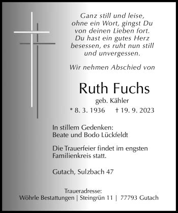 Traueranzeigen von Ruth Fuchs Schwarzwälder Bote Trauer