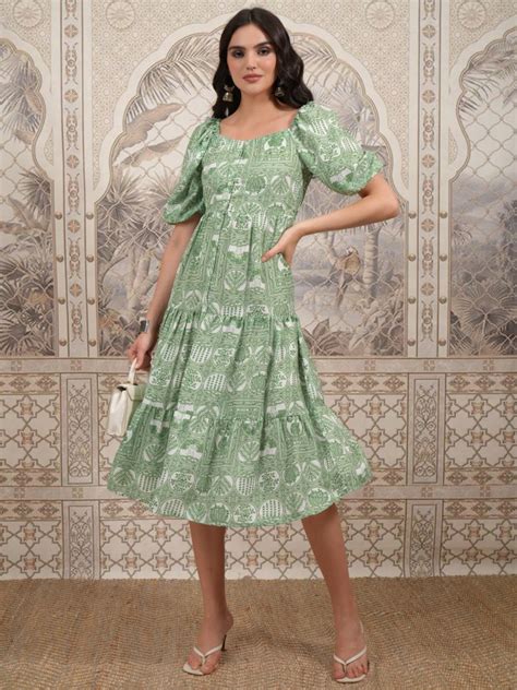 Buy Vishudh Green Printed Fit And Flare Dresses For Women Online At Rs