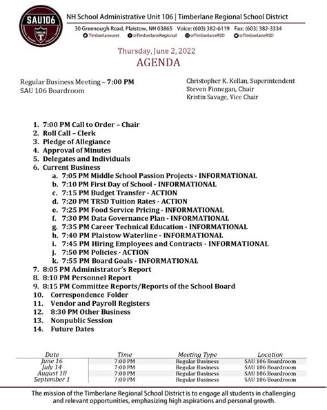 School Board Meeting Agenda 06 02 22 – Timberlane Regional School District