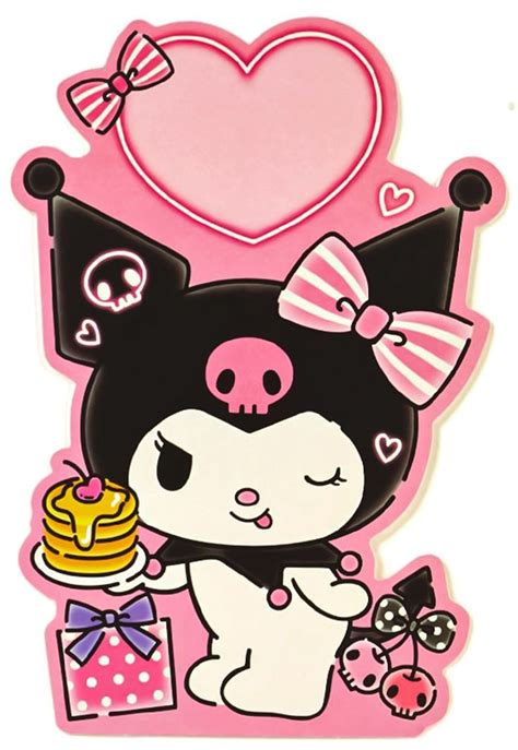 A Pink And Black Sticker With A Cat Holding A Cake