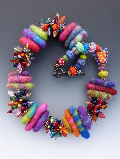 Felted Wool Rivets Bead Crochet And Lampwork Glass Bead Necklace