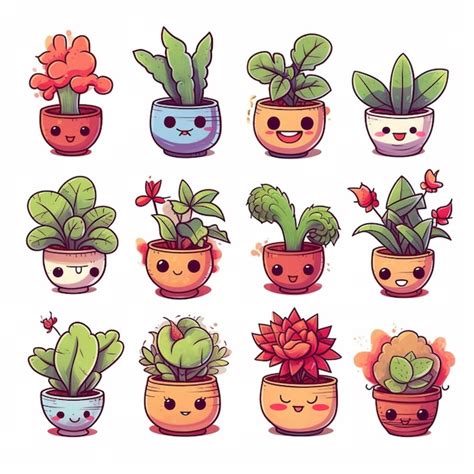 Premium AI Image A Set Of Cartoon Potted Plants With Faces And Eyes