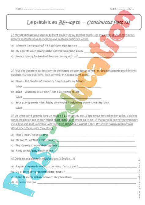 Exercice Preterit en BE ING Anglais 5ème Pass Education