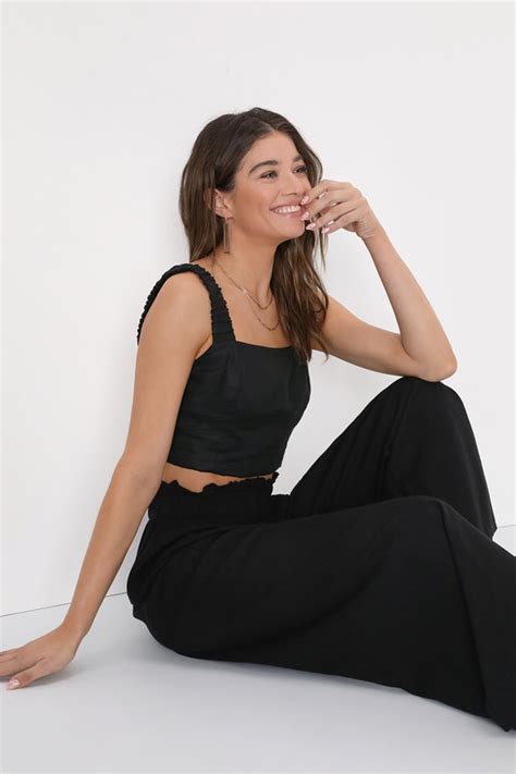 Black Wide Leg Pants Linen Blend Pants Paperbag Waist Pants Lulus