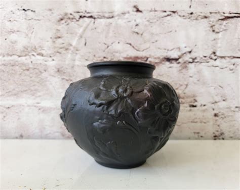 Tiffin Black Amethyst Satin Glass Rose Bowl Poppy Flower Vase Embossed Matte Finish Etsy