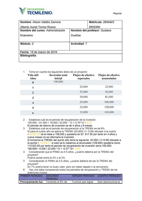 Actividad 7 Administración financiera Reporte Nombre Alison Vald